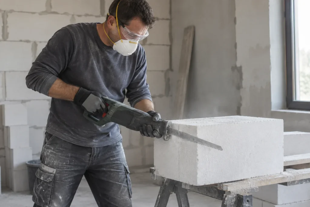 Un bricoleur équipé découpe un bloc de béton cellulaire posé sur un support avec une scie sabre.