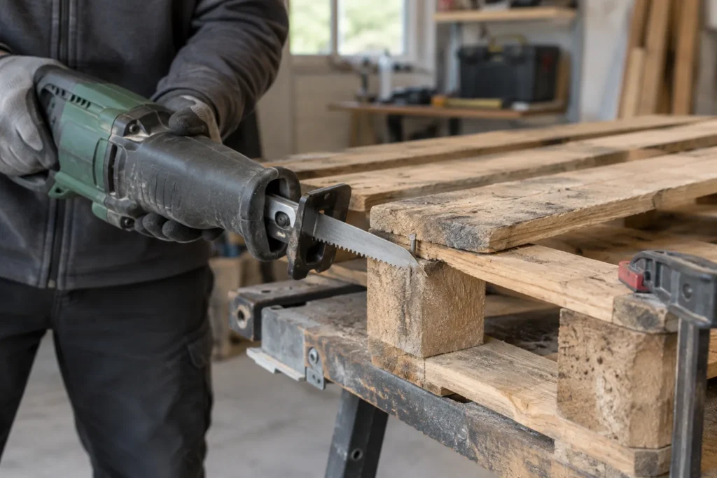 Une scie sabre coupe une fixation entre la planche et la traverse d’une palette en bois maintenue sur un établi.