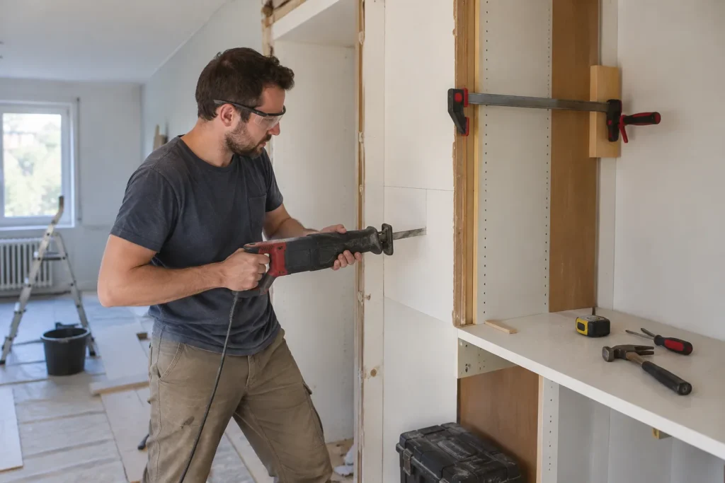 Un bricoleur maintient un panneau de meuble encastré pendant qu’il le découpe à la scie sabre.