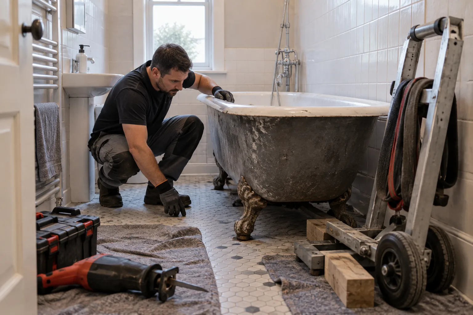Un professionnel évalue l’accès autour d’une baignoire en fonte avant sa dépose.