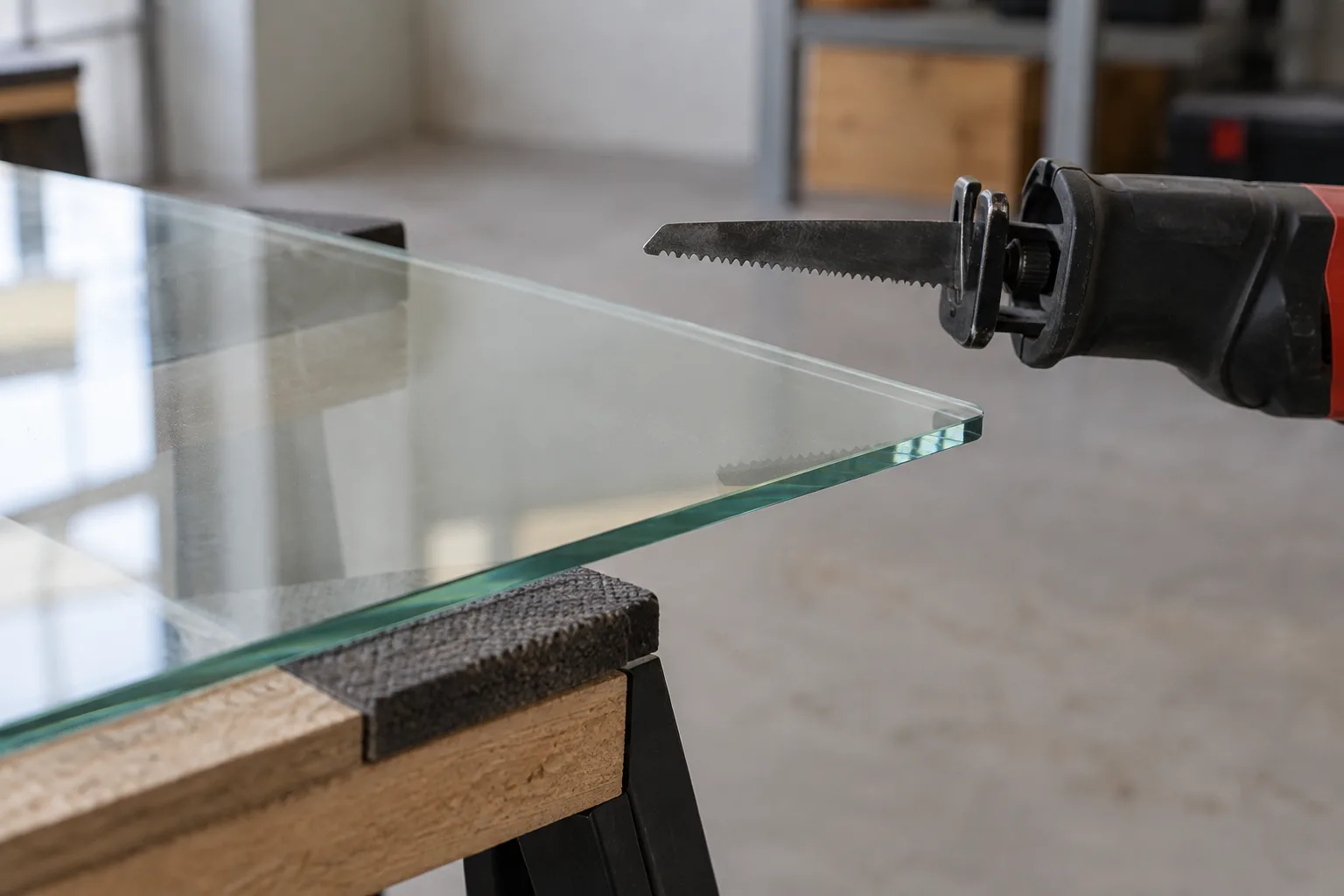 Un panneau de verre transparent repose sur un support, tandis qu’une scie sabre est posée à distance.