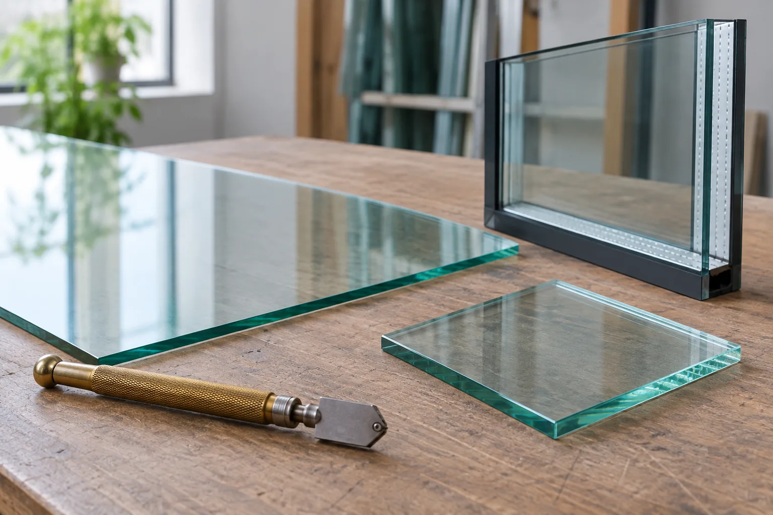 Un outil manuel de coupe du verre et une feuille plate sont disposés devant un carreau et un vitrage isolant.