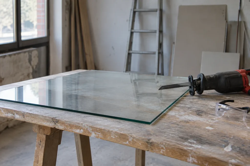 Un panneau de verre posé sur un établi à côté d’une scie sabre qui ne touche pas le vitrage.