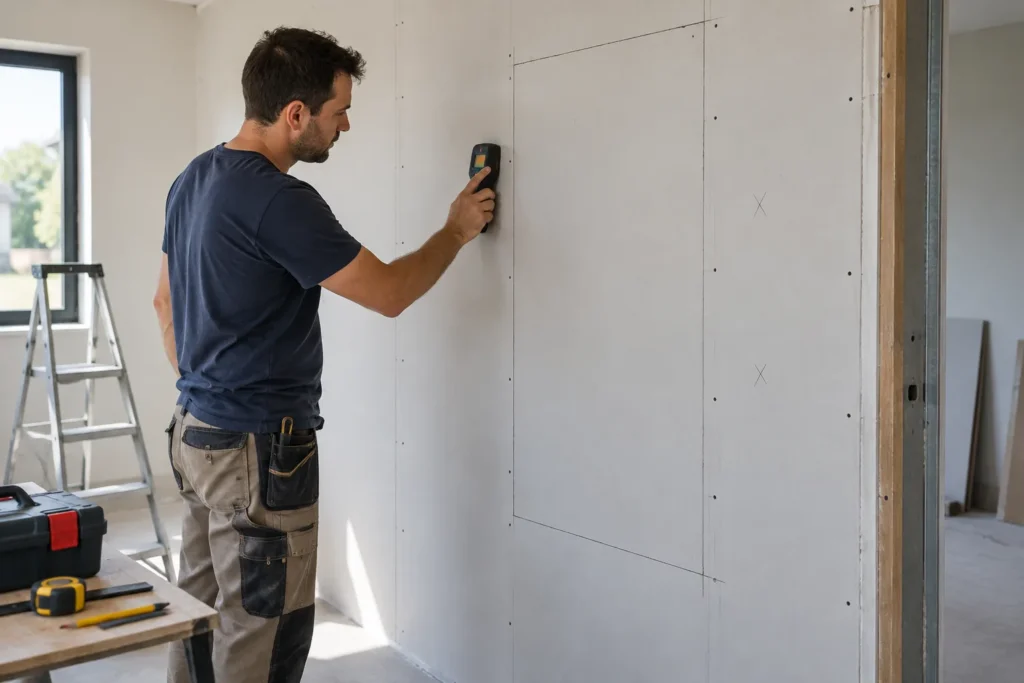Une personne passe un détecteur mural sur une cloison où le contour d’une découpe est tracé au crayon.