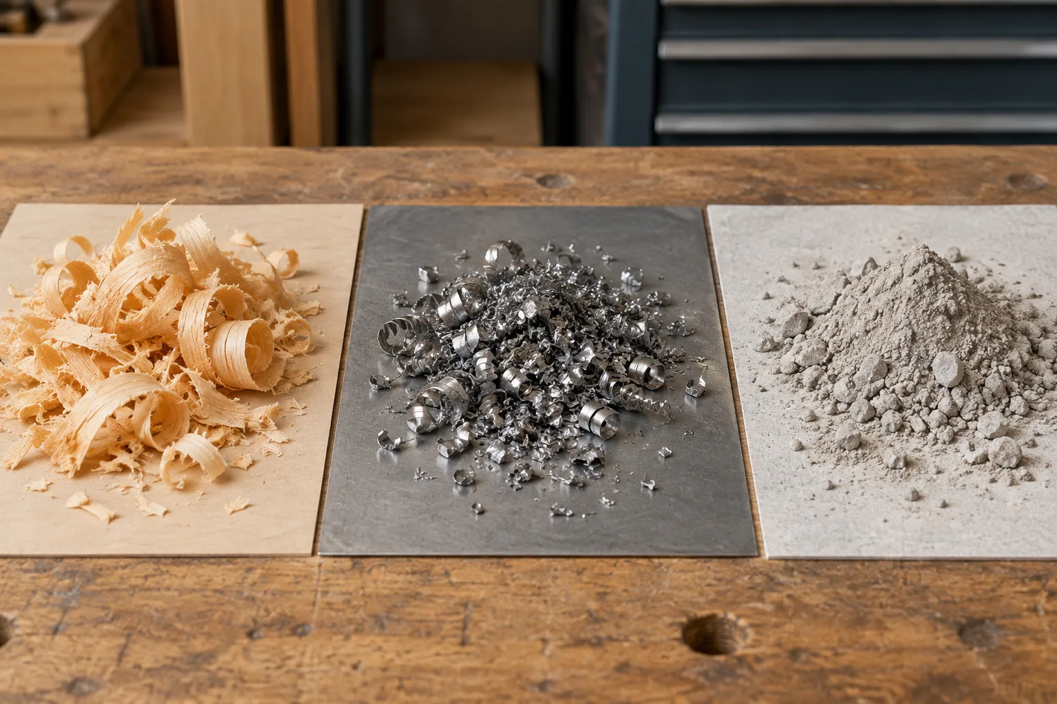 Copeaux de bois, fragments métalliques et poussière minérale présentés séparément sur un établi.