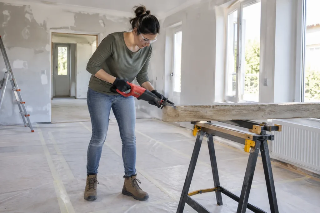 Une pièce de bois maintenue sur un établi dans une pièce de rénovation dont le sol est protégé avant la découpe.
