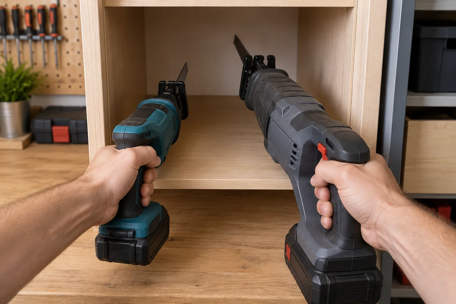 Deux scies sabres de formats différents placées devant un renfoncement de meuble.