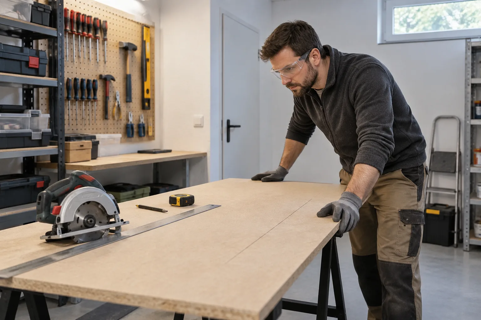 Bricoleur inspectant une zone technique dégagée avant une découpe.