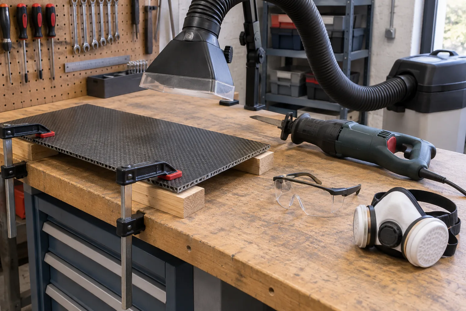 Pièce composite maintenue sur un établi avec captage de poussières et équipements de protection à proximité.