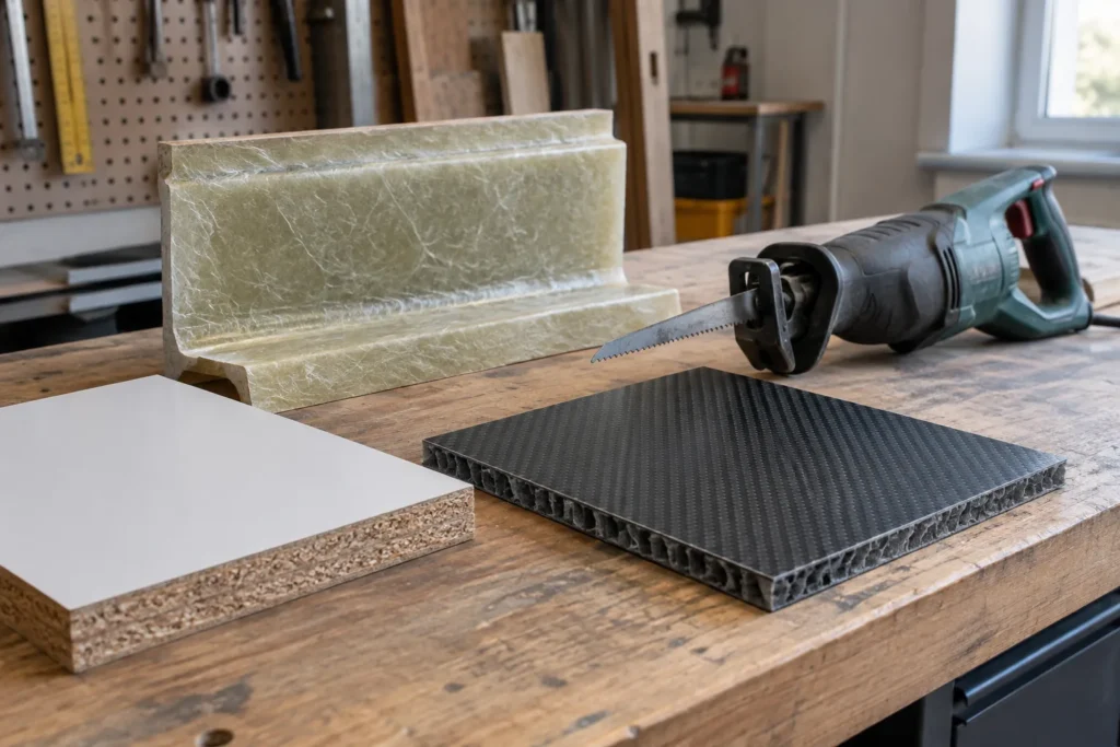 Scie sabre et lames posées près d’échantillons de panneau stratifié et de composites renforcés de fibres.