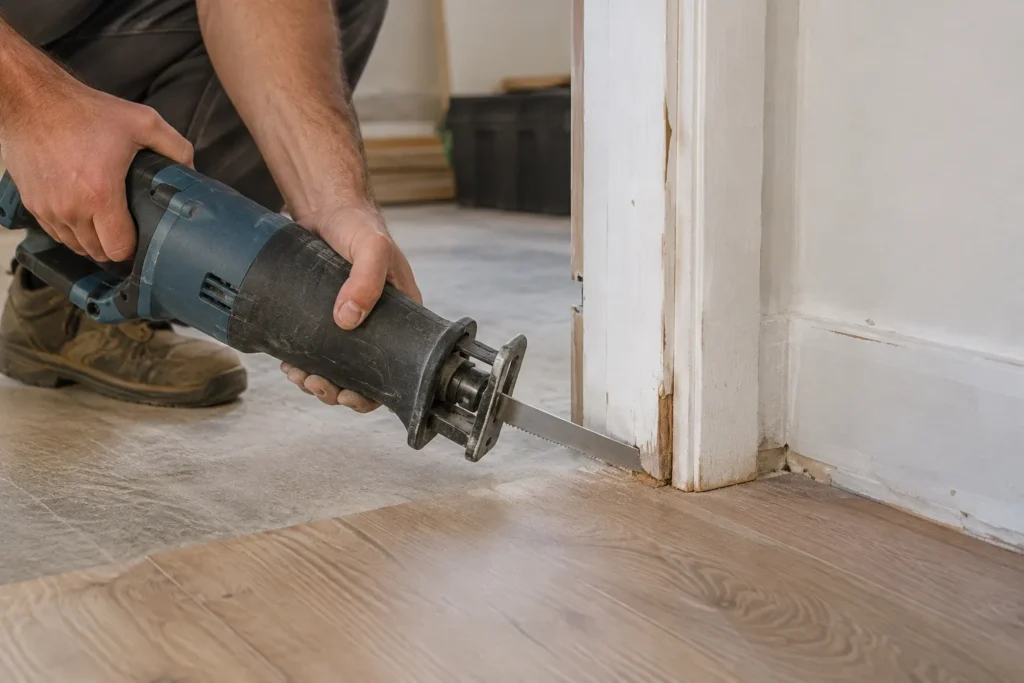 Une scie sabre coupe le bas d’une huisserie en bois au-dessus d’un sol en rénovation.