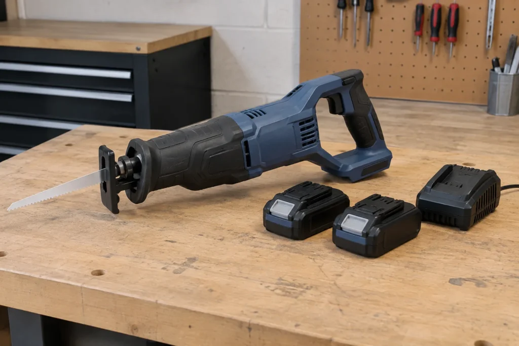 Scie sabre sans fil générique posée près de deux batteries et d’un chargeur sur un établi.