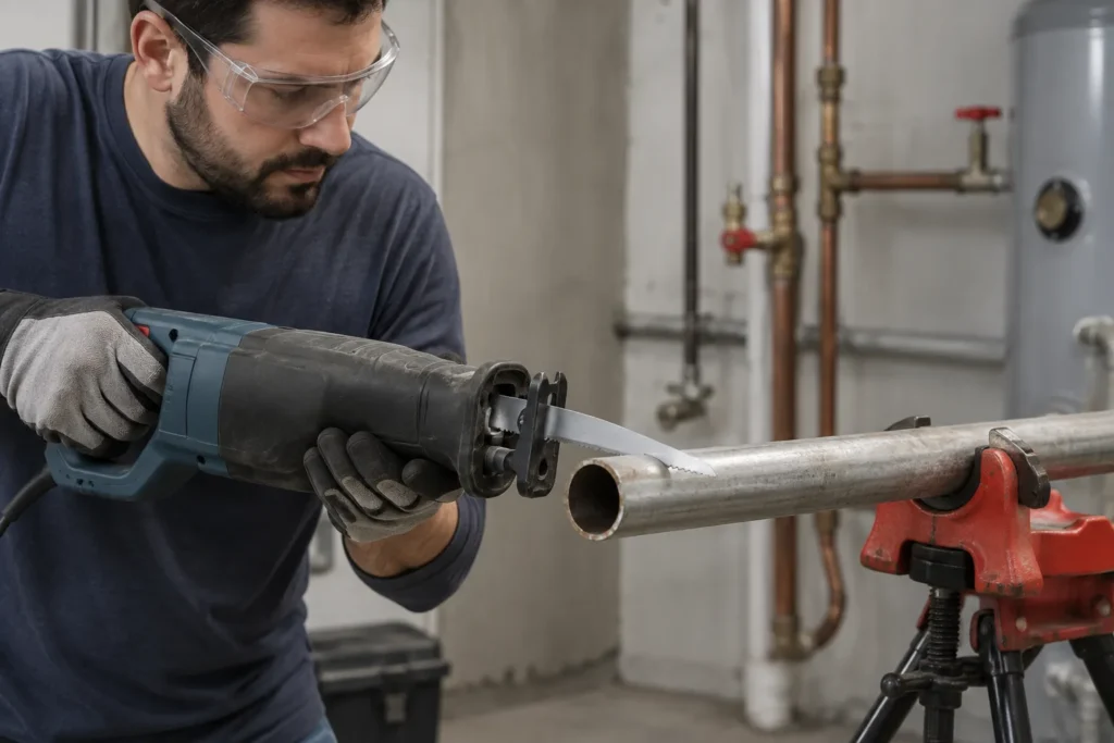 Une personne portant des lunettes de protection coupe une canalisation métallique maintenue sur un support avec une scie sabre.