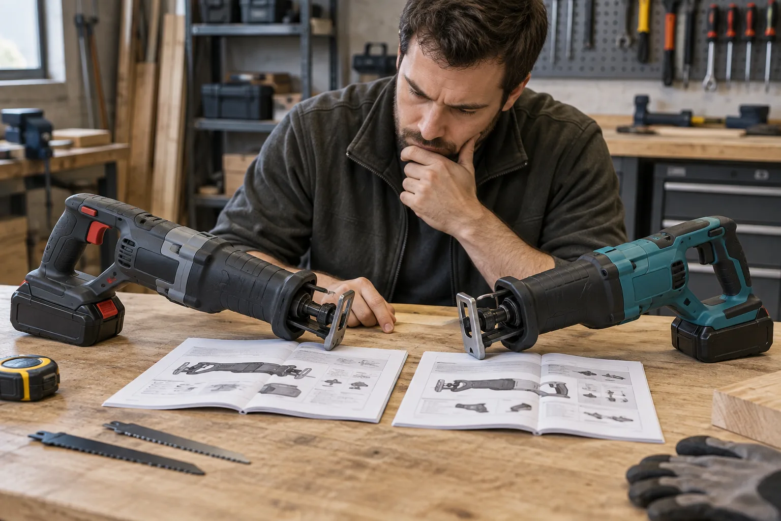 Une personne compare les poignées et les notices de deux scies sabres posées à l’arrêt sur une table.