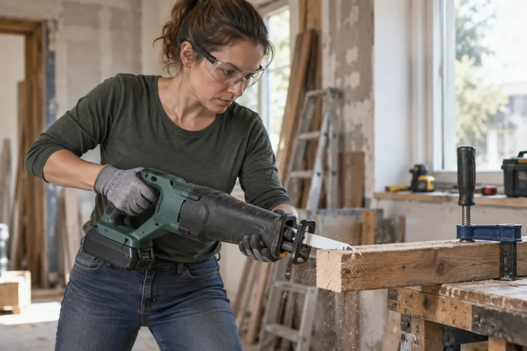 Une bricoleuse tient une scie sabre à deux mains contre une pièce de bois immobilisée sur un établi.