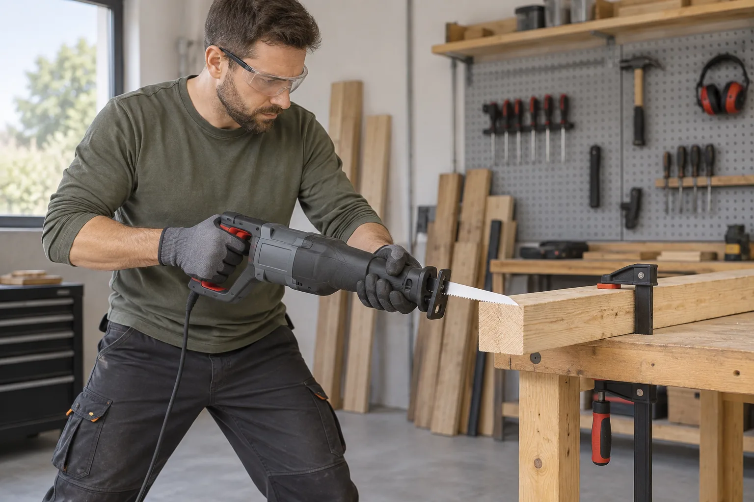 Un bricoleur équipé de lunettes tient une scie sabre à deux mains devant une pièce de bois fixée.