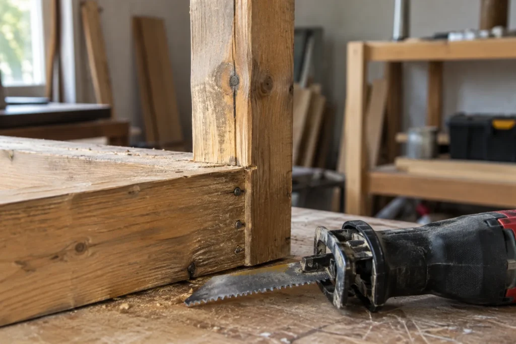 Scie sabre équipée d’une lame de démolition placée près d’un assemblage de bois retenu par des clous.