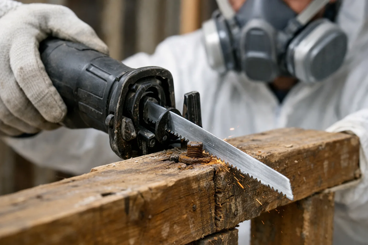 Une personne maintient une pièce de bois pendant qu’elle sectionne une fixation avec une scie sabre.