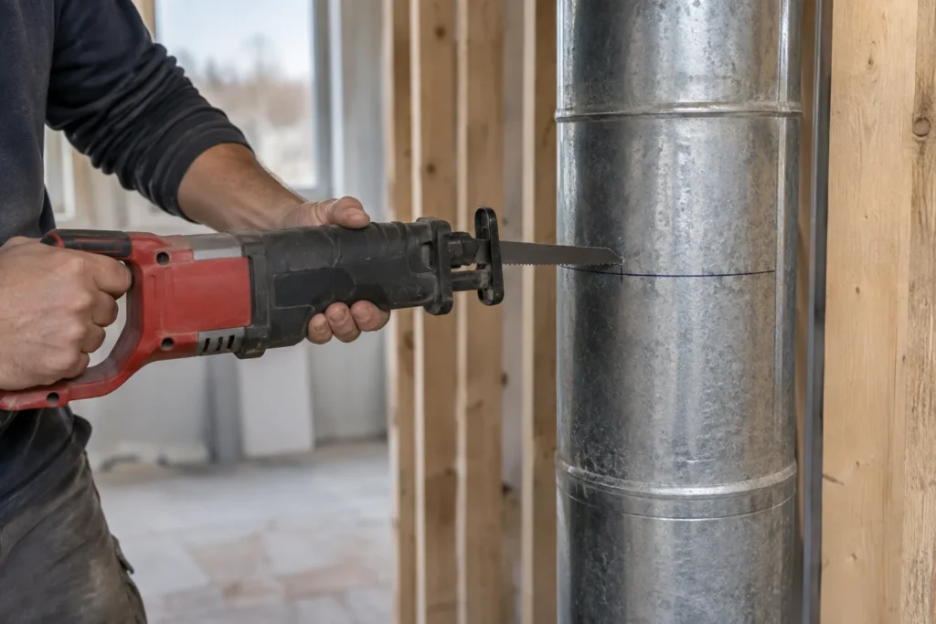 Une scie sabre positionnée près d’un conduit de ventilation en tôle dans une zone de rénovation dégagée.