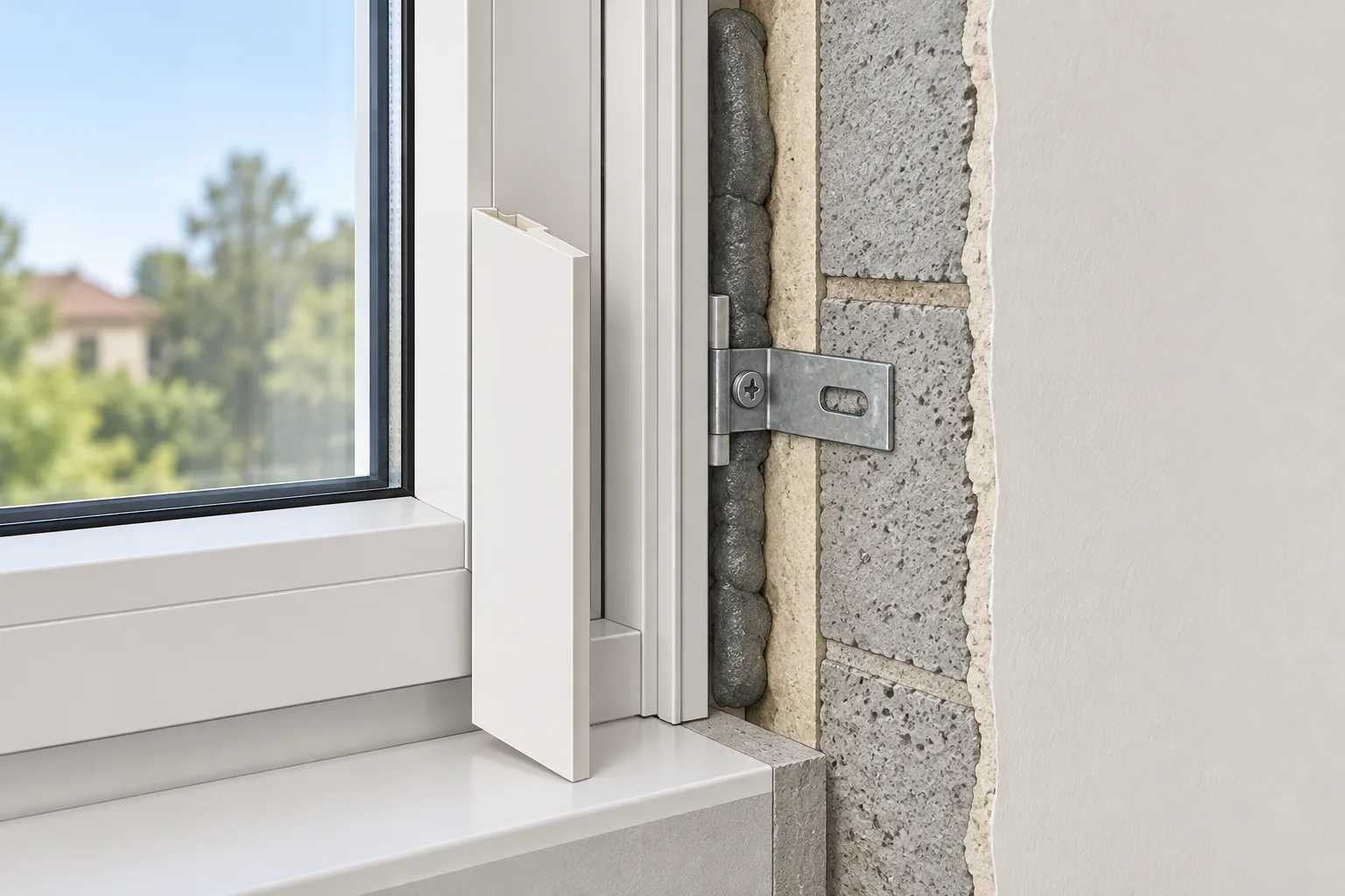 Détail d’un dormant de fenêtre avec une patte de fixation visible derrière un couvre-joint retiré.