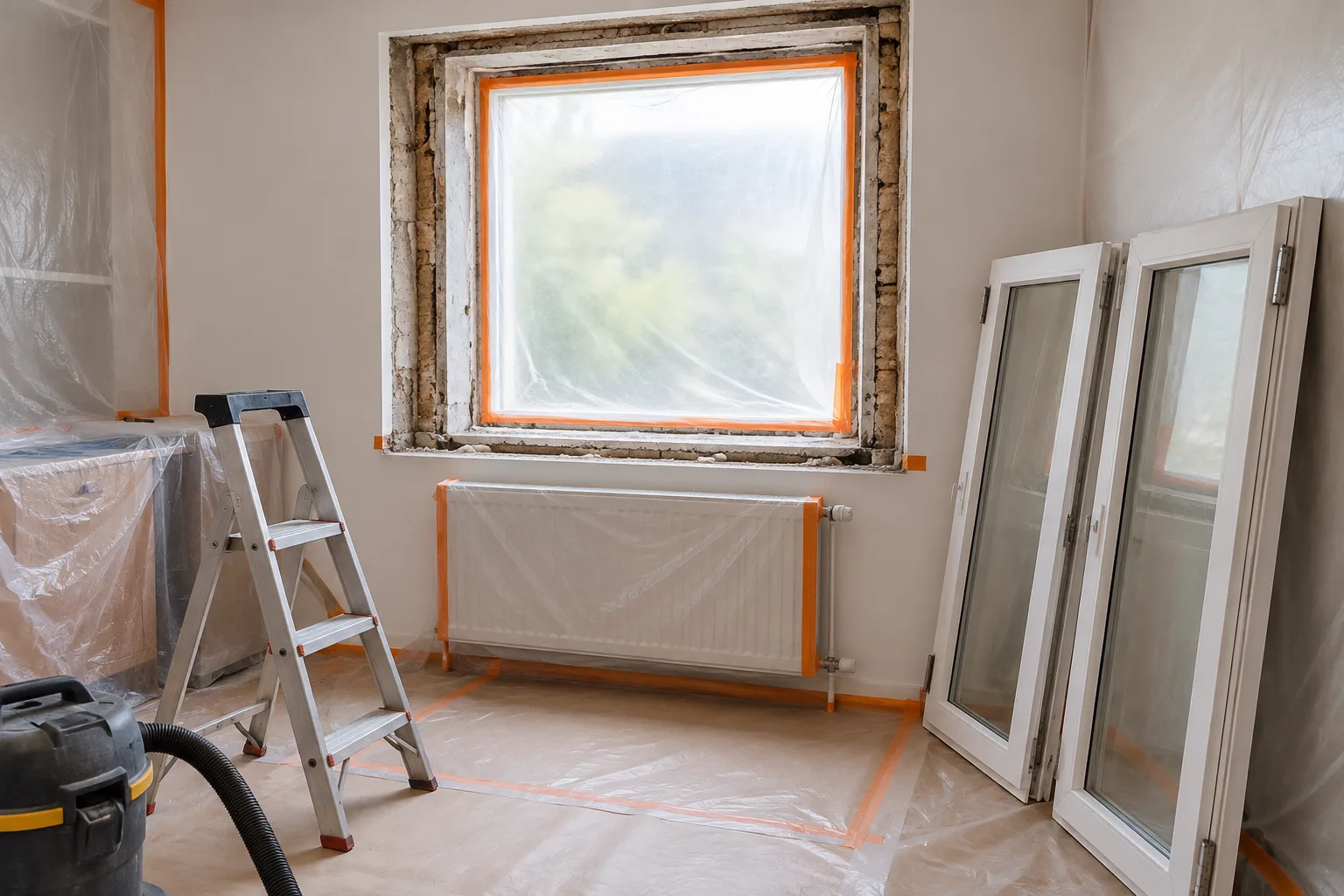 Fenêtre en rénovation avec vitrage protégé et surfaces voisines couvertes avant la dépose du cadre.