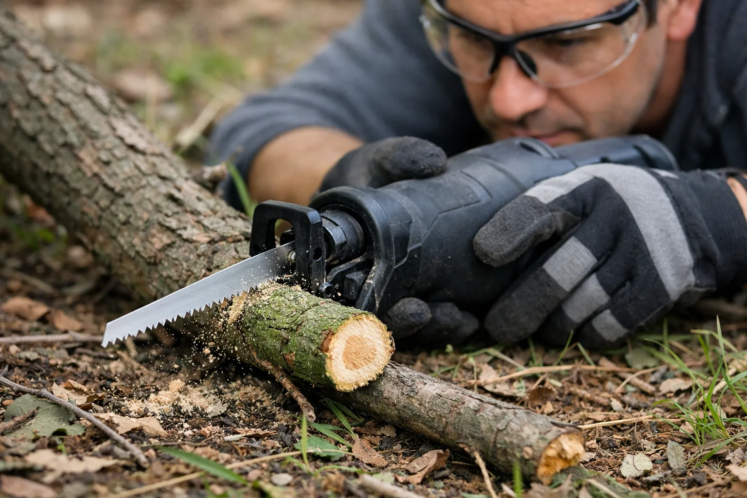 Une personne protégée utilise une scie sabre pour couper une petite branche accessible.