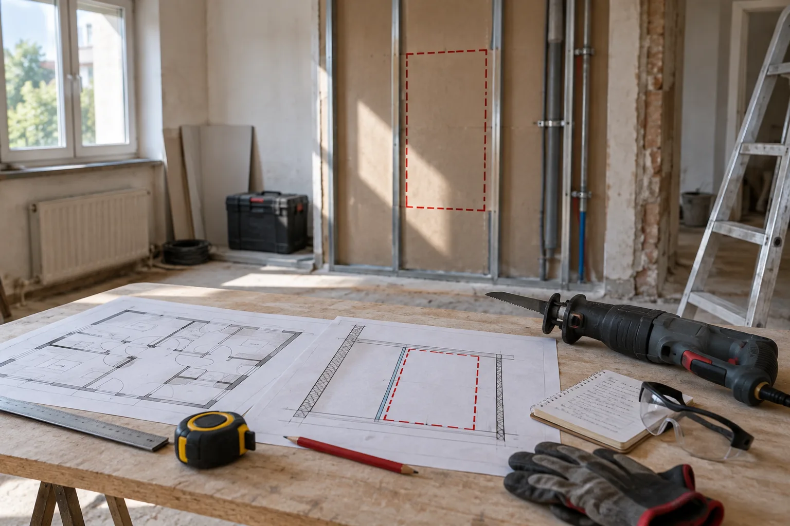 Un plan de travaux et une scie sabre éteinte sont posés près d’une zone de rénovation.