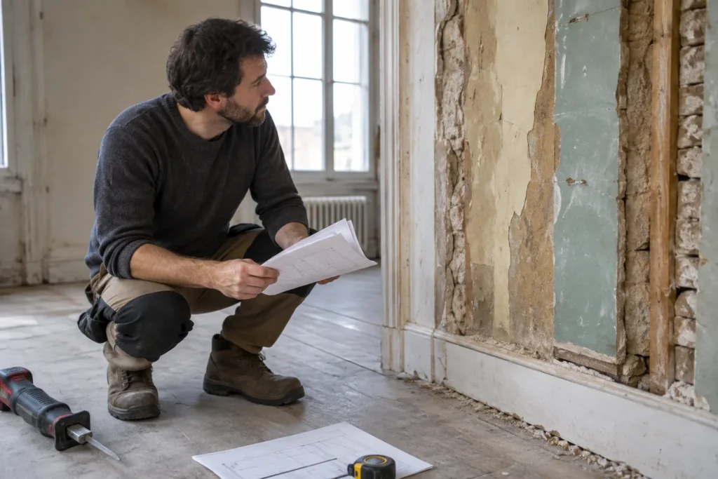 Un bricoleur examine une paroi ancienne et des documents avant de commencer des travaux.