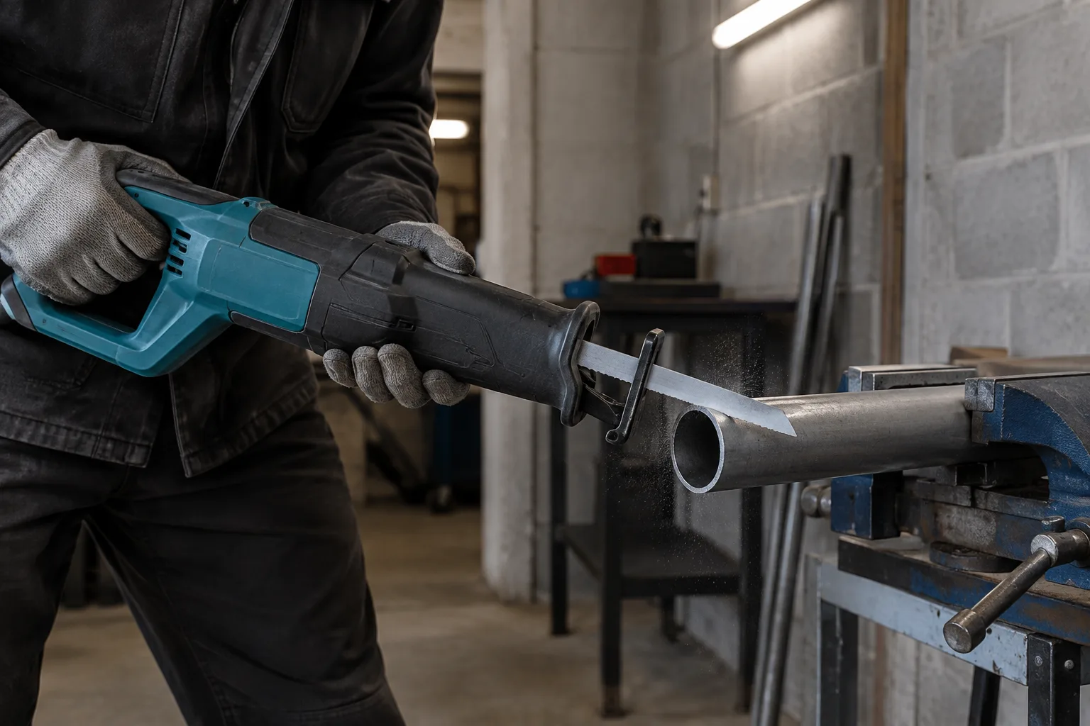 Une scie sabre coupe un tube creux fixé dans un atelier aux murs durs.