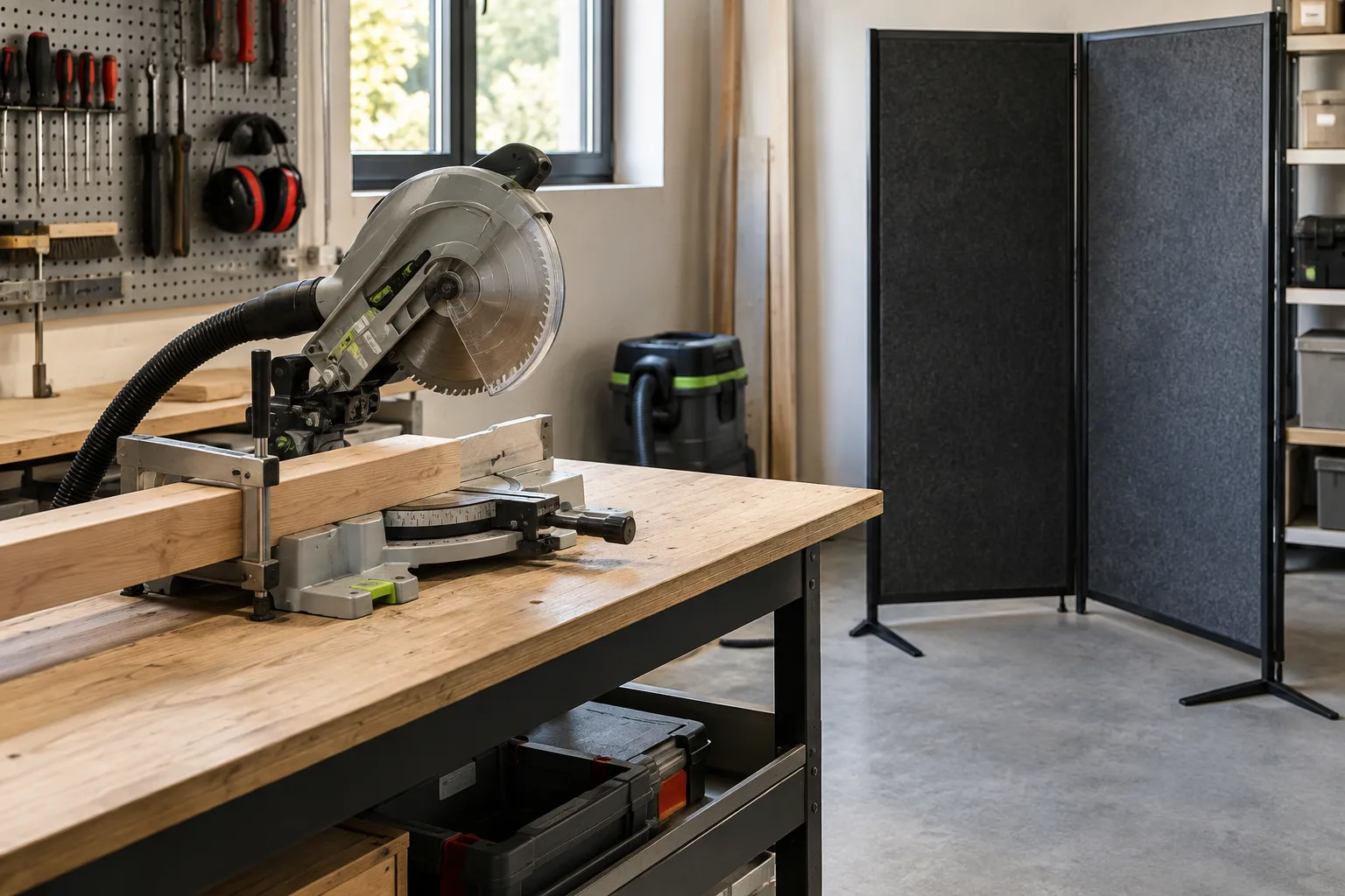Un poste de coupe dégagé avec une pièce immobilisée et une séparation placée à distance.