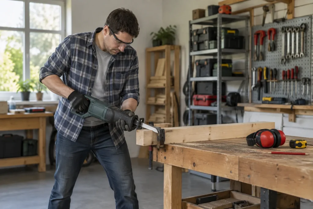 Une scie sabre découpe une pièce de bois fixée sur un établi dans un atelier domestique.