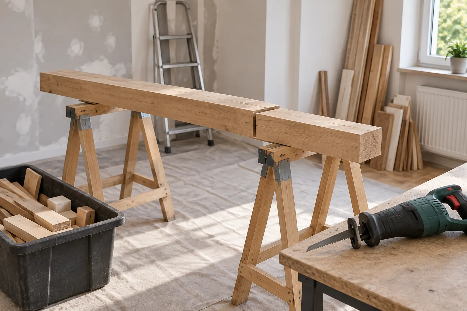 Une pièce de bois est soutenue sur des tréteaux, tandis que les chutes sont rangées hors de la zone de travail.