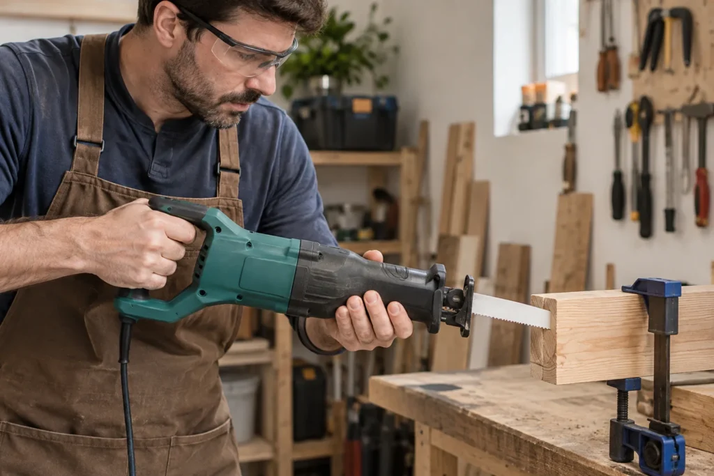 Un bricoleur gaucher tient une scie sabre à deux mains devant une pièce de bois dans un atelier.