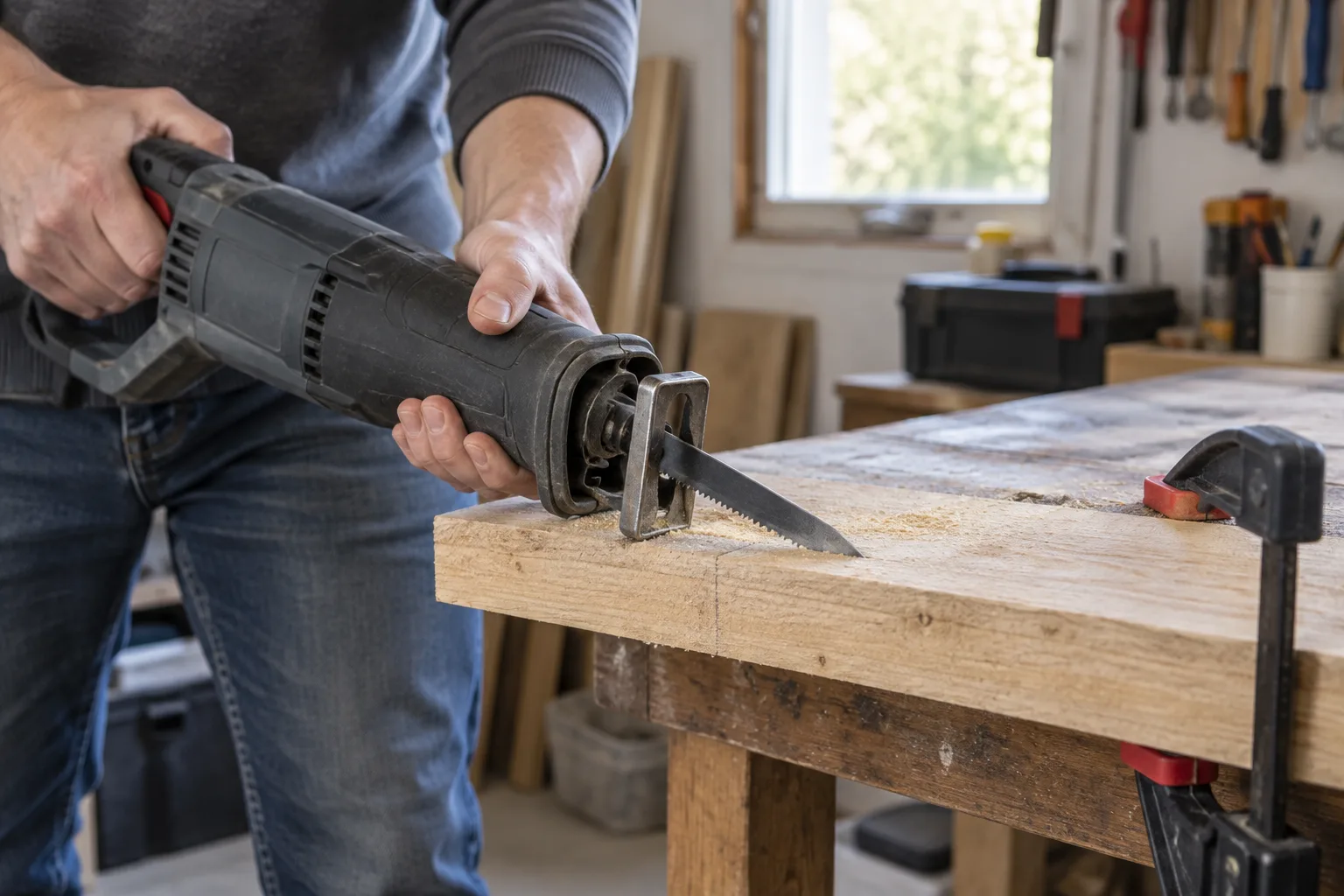 La lame d’une scie sabre commence une coupe dans une planche de bois fixée sur un établi.