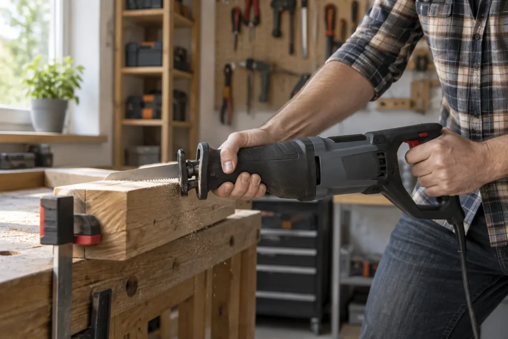 Une scie sabre coupe une pièce de bois immobilisée sur un établi, la main de l’utilisateur actionnant la gâchette.